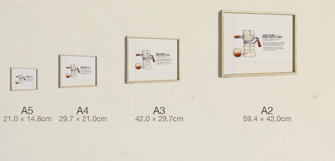 The Magical Espresso Maker, all four sizes, true relative scale