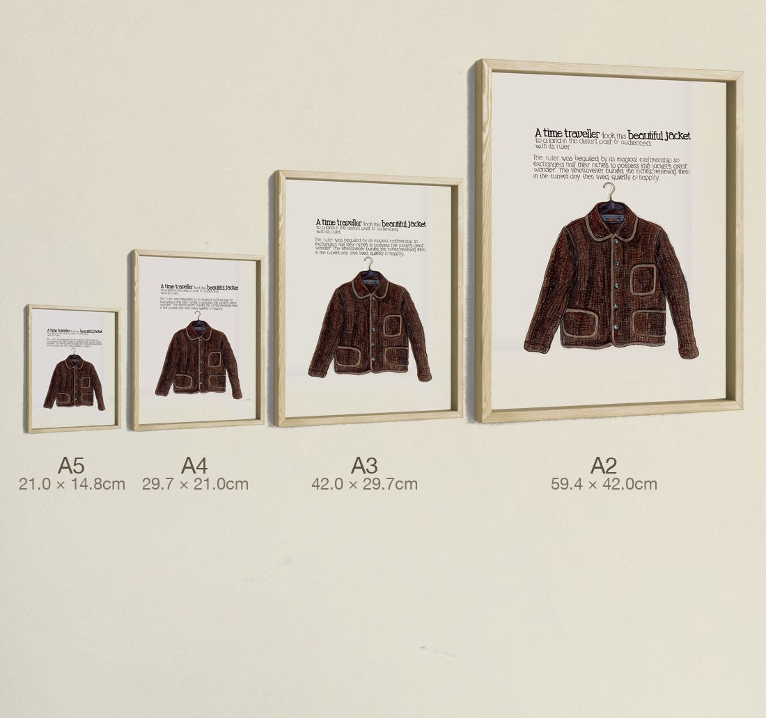 The Ruler's Magical Jacket, all four sizes, true relative scale