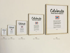 Celebrate Your Mistakes, all five sizes, true relative scale