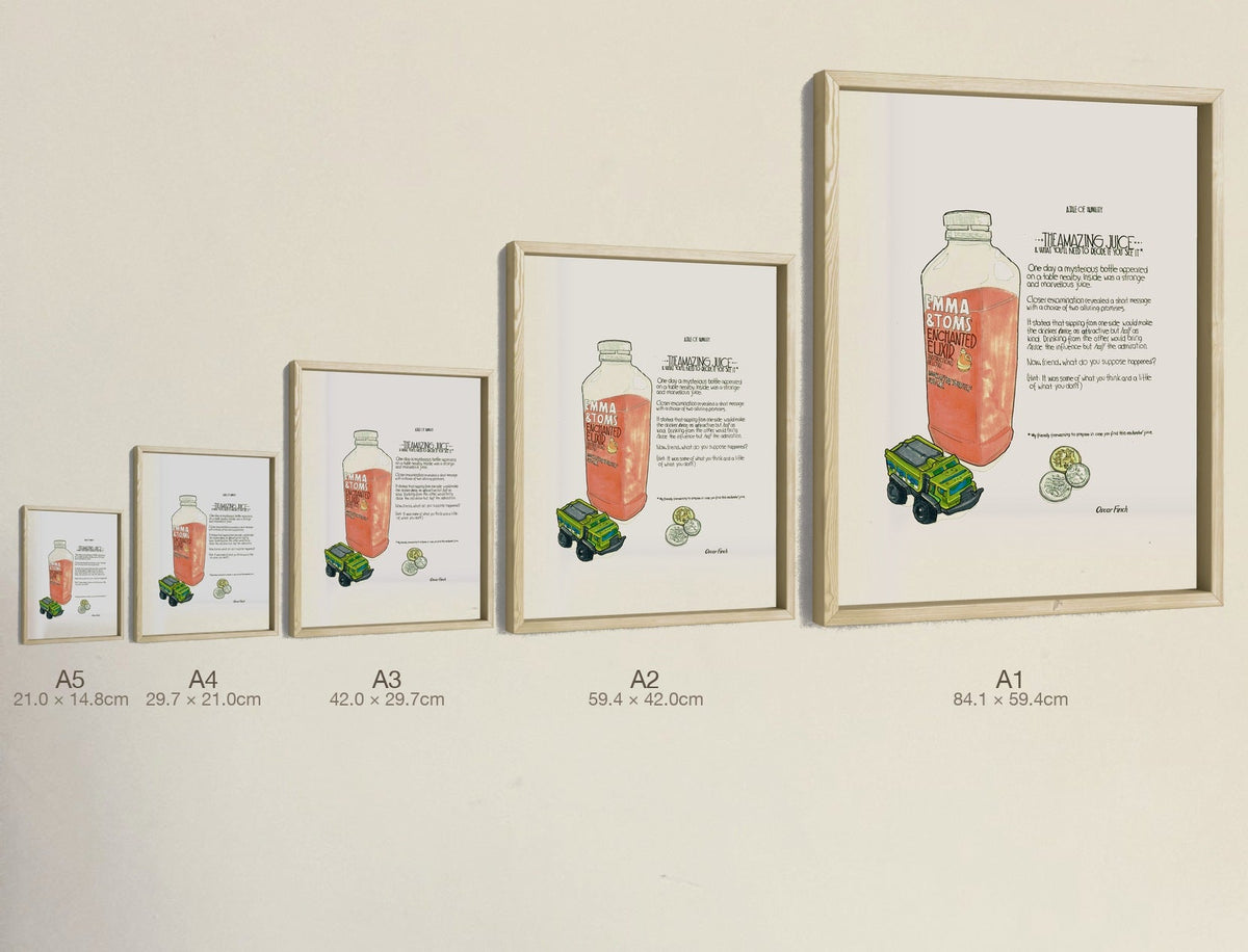 The Amazing Juice, all five sizes, true relative scale