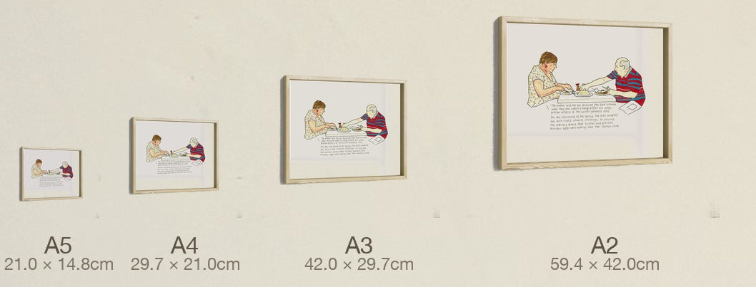 The Chef's Wager, all four sizes, true relative scale