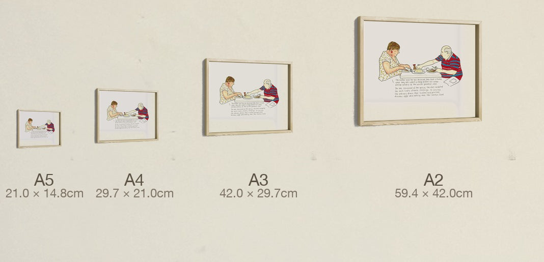 The Chef's Wager, all four sizes, true relative scale