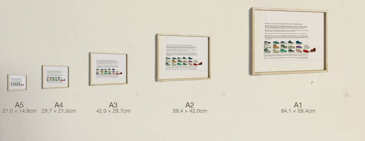 The Gravity Shoes, all five sizes, true relative scale