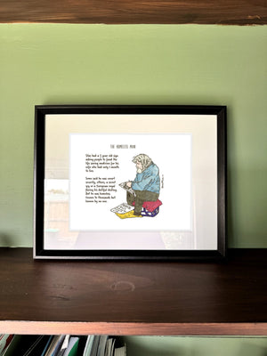 The Homeless Man in a real frame, on the wall