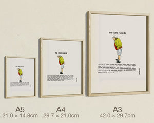 The Kind Words, all three sizes, true relative scale
