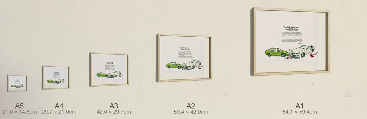 The Rich Person Who Bought Old Things (Or How To Be Grateful), all five sizes, true relative scale