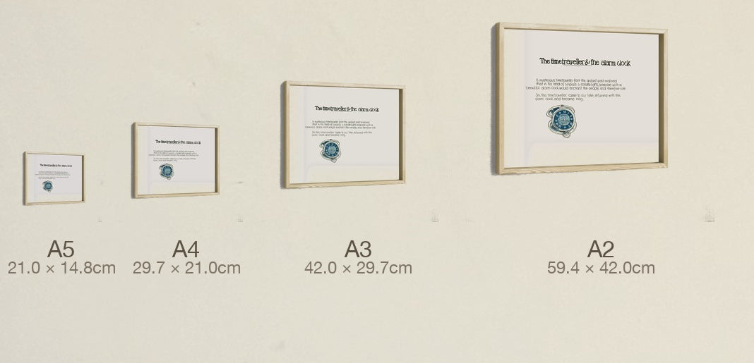 The Time Traveller & The Alarm Clock, all four sizes, true relative scale