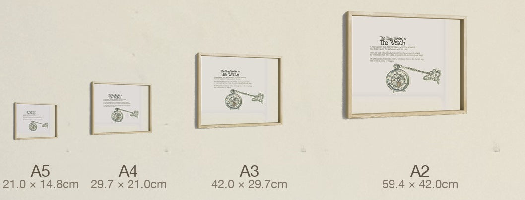 The Time Traveller & The Watch, four sizes, true relative scale
