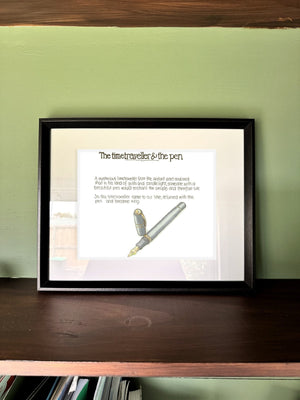 The Time Traveller & The Homo Sapiens Pen in a real frame, on the wall