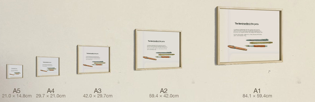 The Time Traveller & The Pen Collection, all five sizes, true relative scale