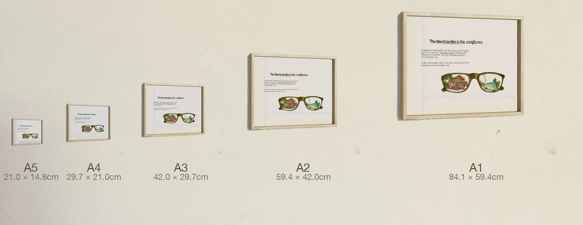 The Time Traveller & The Sunglasses, all five sizes, true relative scale