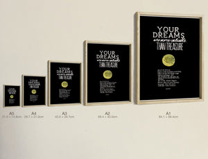 Your Dreams Are More Valuable Than Treasure, all five sizes, true relative scale