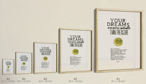 Your Dreams Are More Valuable Than Treasure, all five sizes, true relative scale — White Background