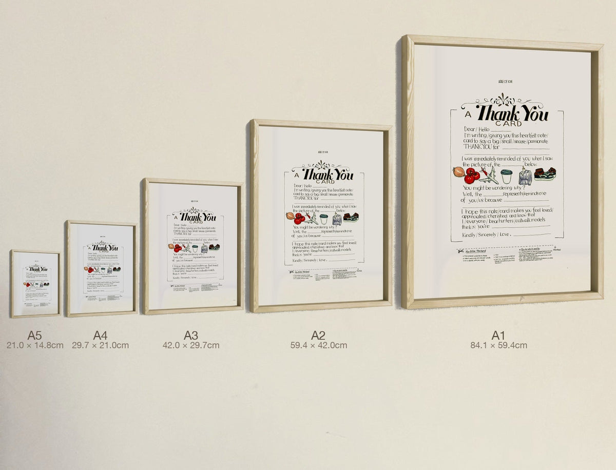 A Thank You Card, all five sizes, true relative scale