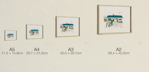 Arches Cafe, all four sizes, true relative scale