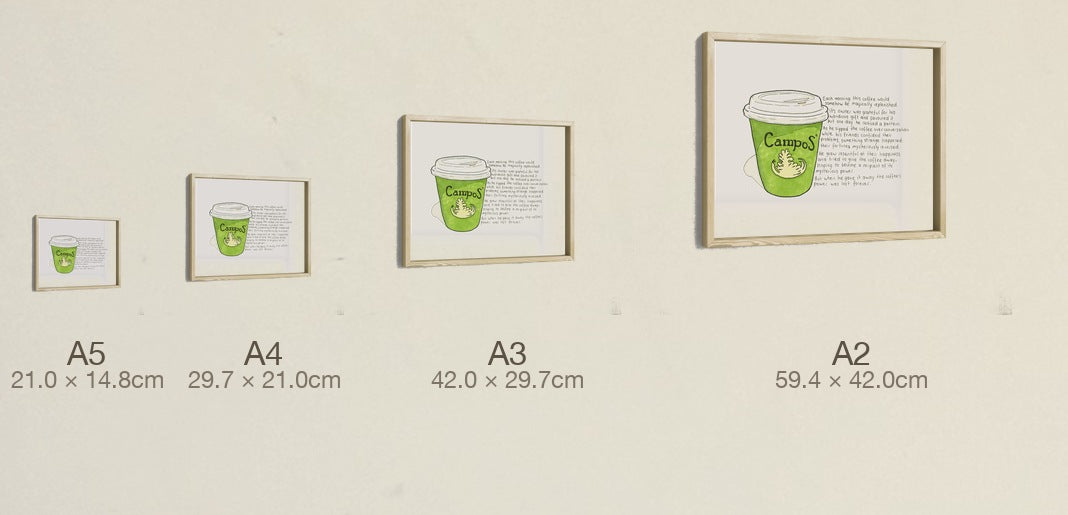 The Magically Replenished Coffee, all four sizes, true relative scale