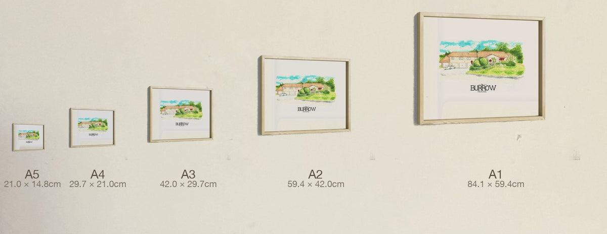 The Burrow House, all five sizes, true relative scale