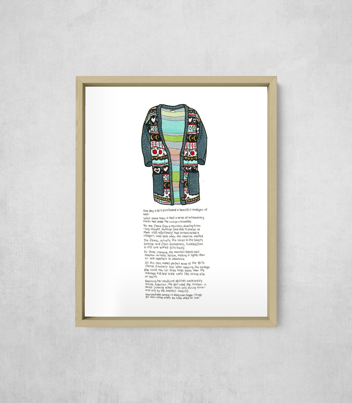The Mountain Bison's Cardigan, framed, front on
