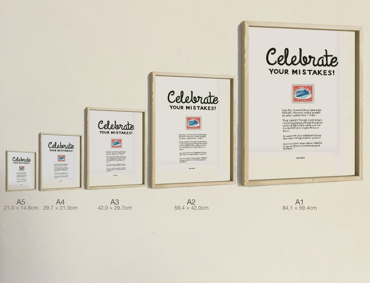 Celebrate Your Mistakes, all five sizes, true relative scale