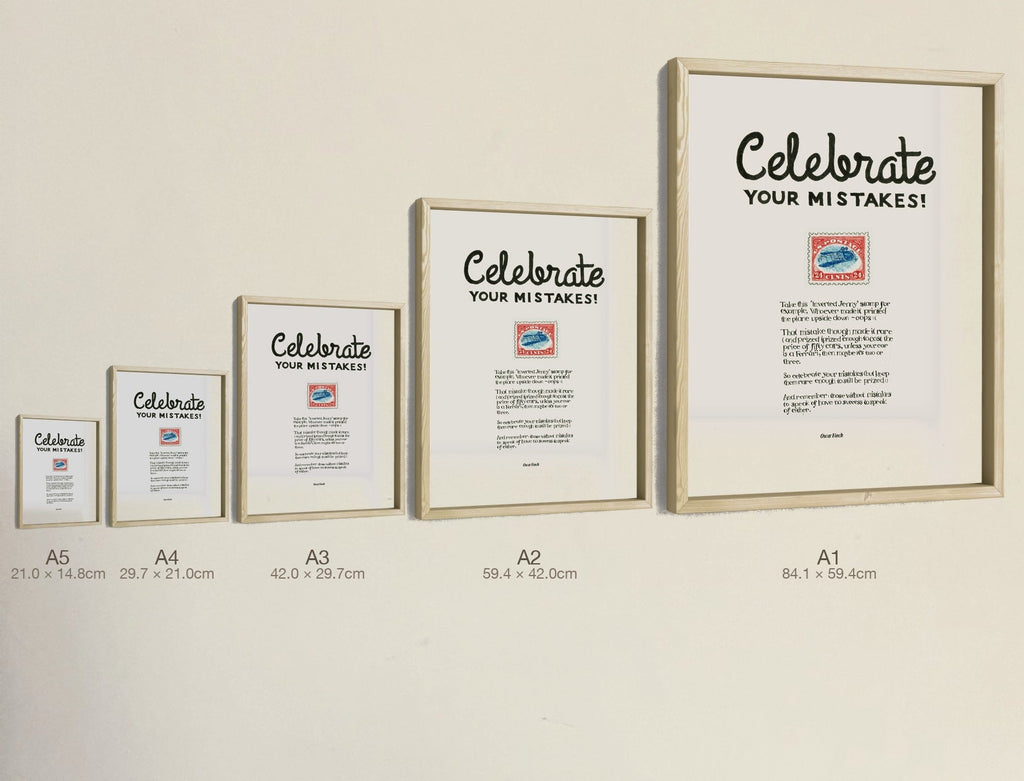 Celebrate Your Mistakes, all five sizes, true relative scale