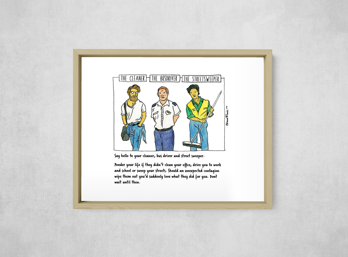 The Cleaner, The Bus Driver & The Street Sweeper, framed, front on
