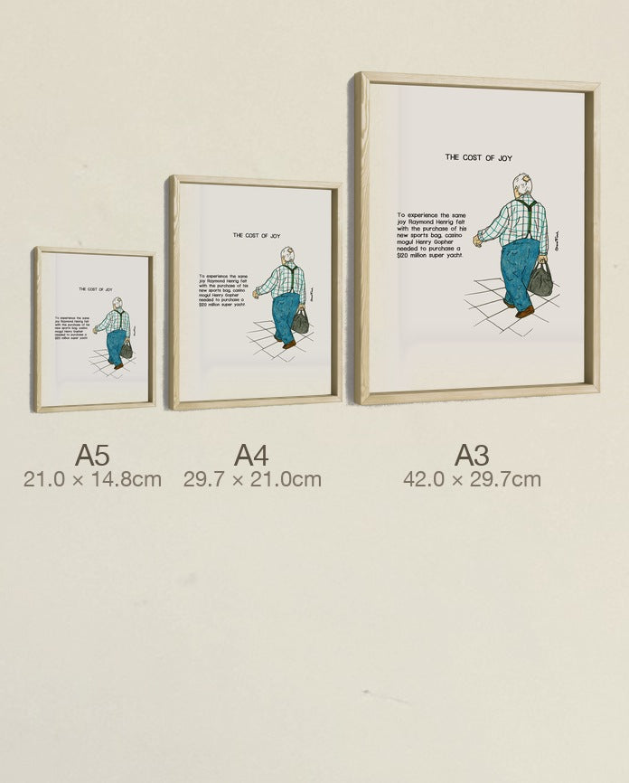 The Cost of Joy, three sizes, true relative scale