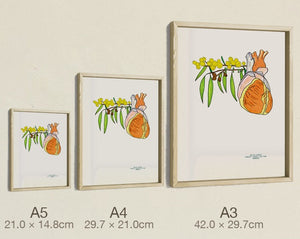 The Heart and the Wattle, both sizes, true relative scale