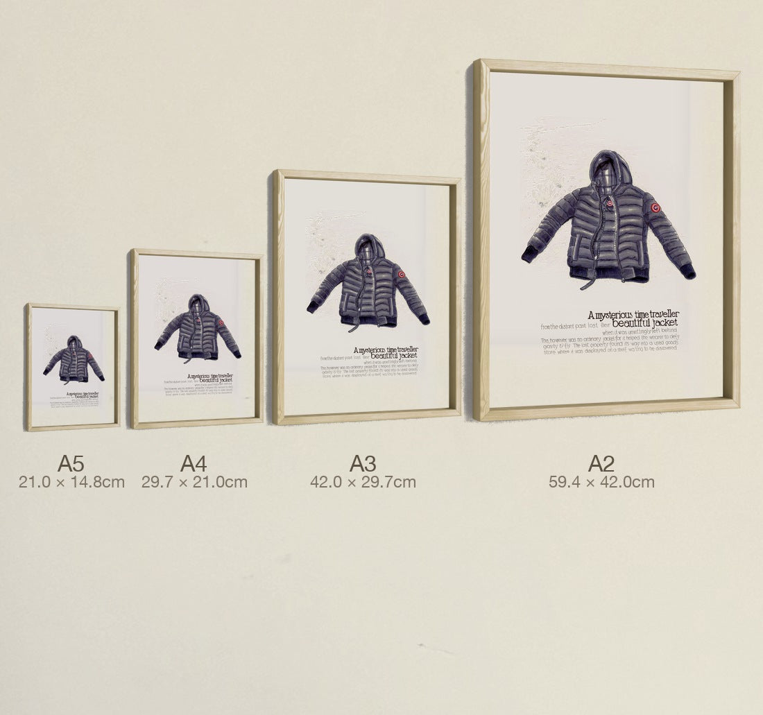 The Time Traveller's Flying Jacket, all four sizes, true relative scale
