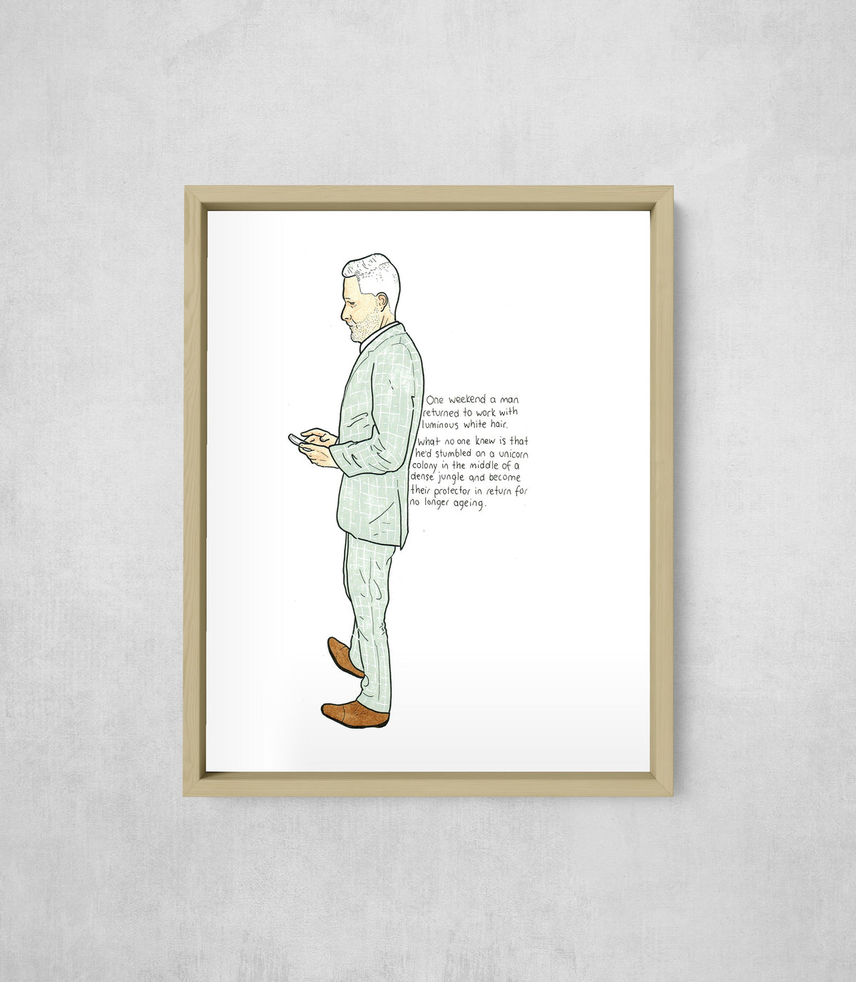 The Man with Luminous White Hair, framed, front on