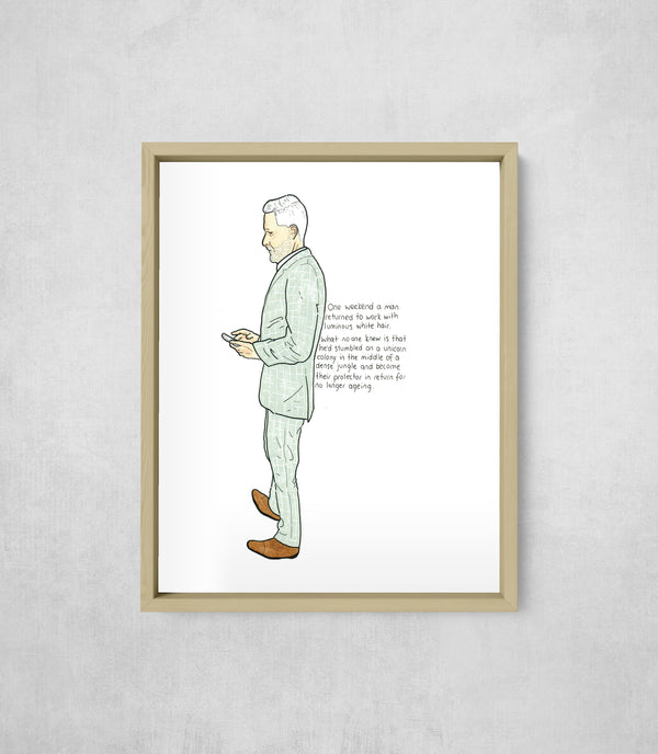 The Man with Luminous White Hair, framed, front on