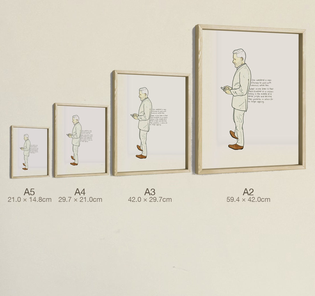 The Man with Luminous White Hair, four sizes, true relative scale