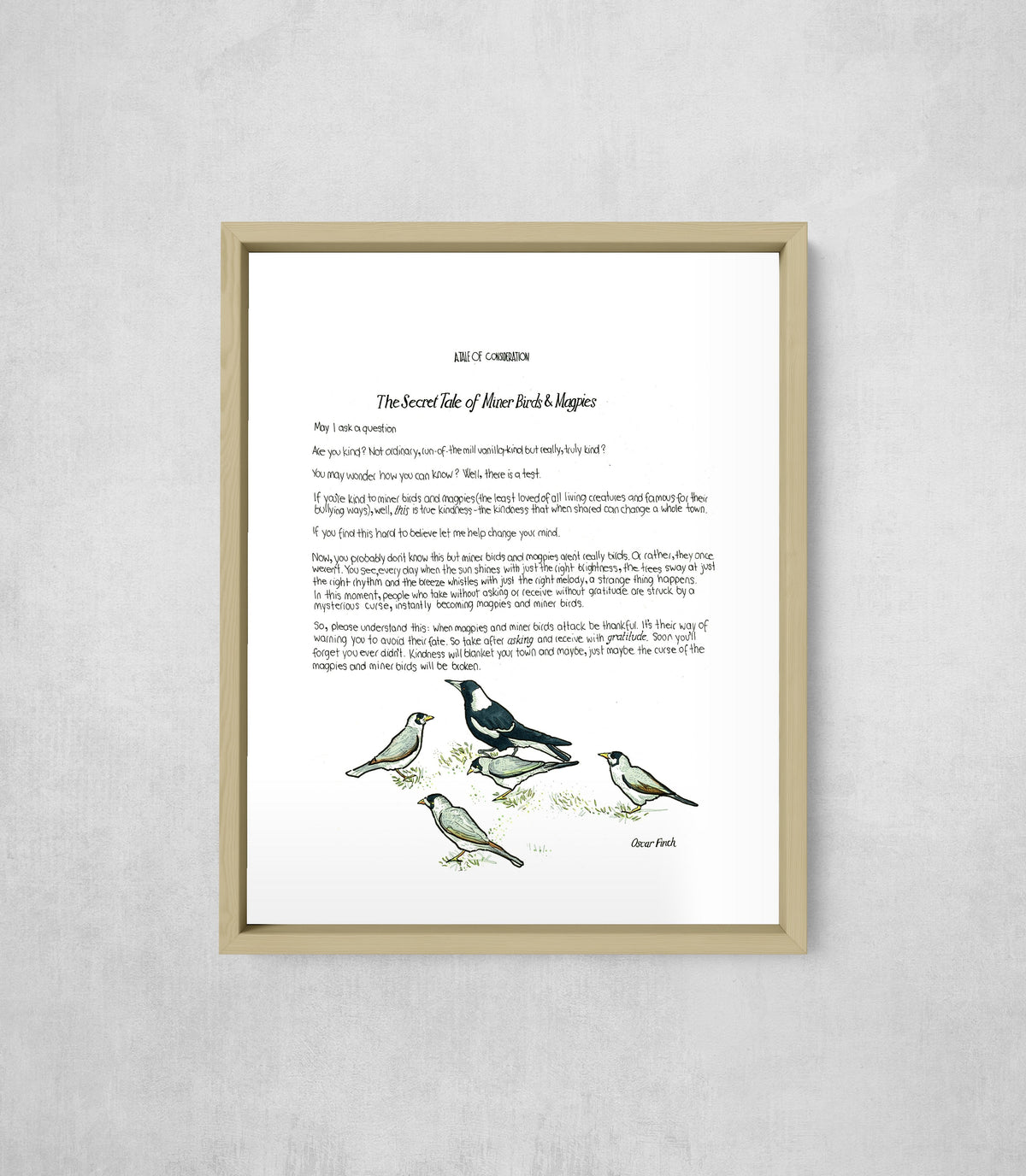 The Secret Tale of Miner Birds & Magpies, framed, front on