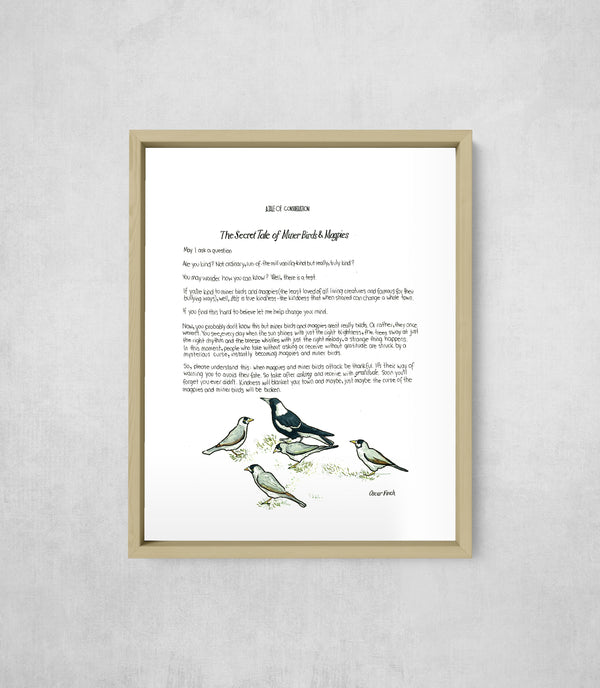 The Secret Tale of Miner Birds & Magpies, framed, front on