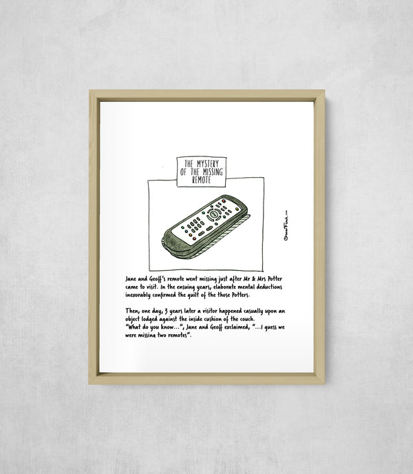 The Mystery of the Missing Remote, framed, front on