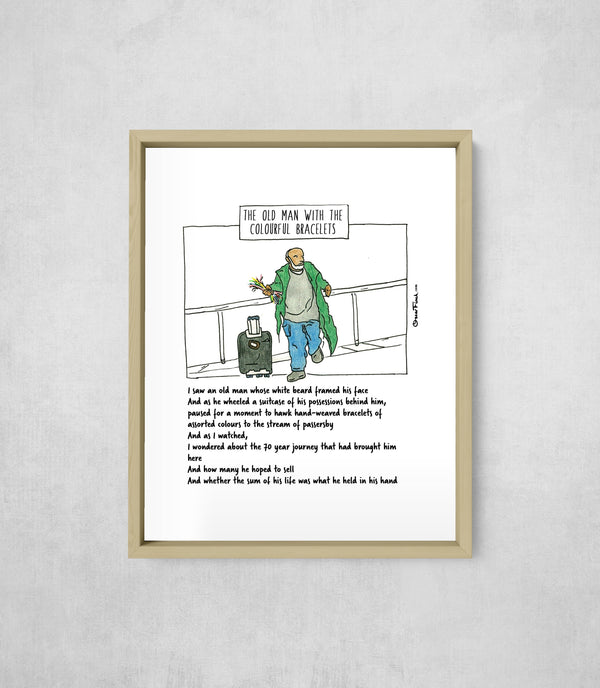 The Old Man with the Colourful Bracelets, framed, front on