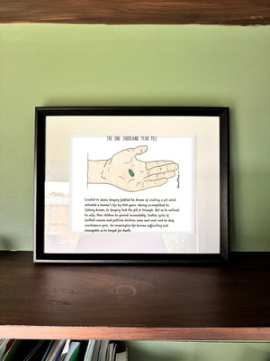 The One Thousand Year Pill in a real frame, on the wall