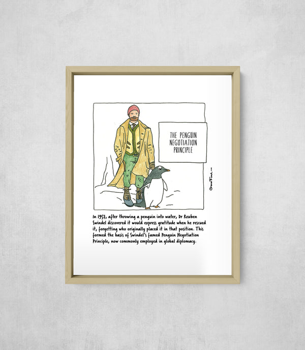 The Penguin Negotiation Principle, framed, front on