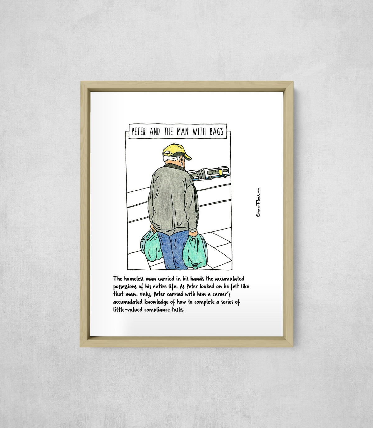 Peter and the Man with Bags, framed, front on