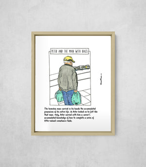 Peter and the Man with Bags, framed, front on