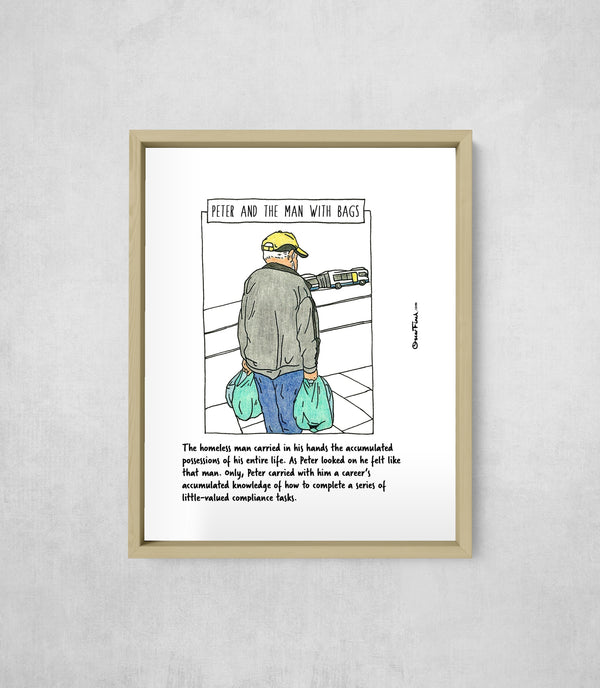 Peter and the Man with Bags, framed, front on