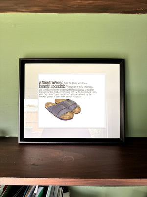 The Time Traveller's Sandals in a real frame, on the wall