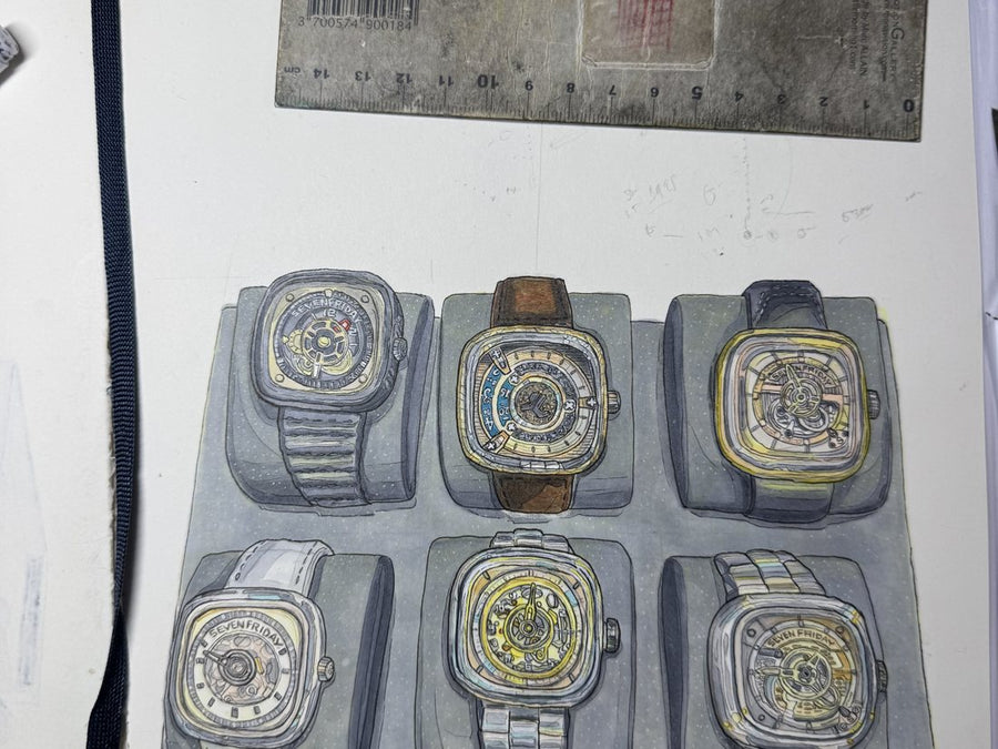 Sketchbook page — SevenFriday watch face studies in Copic marker, sketch 1 of 4