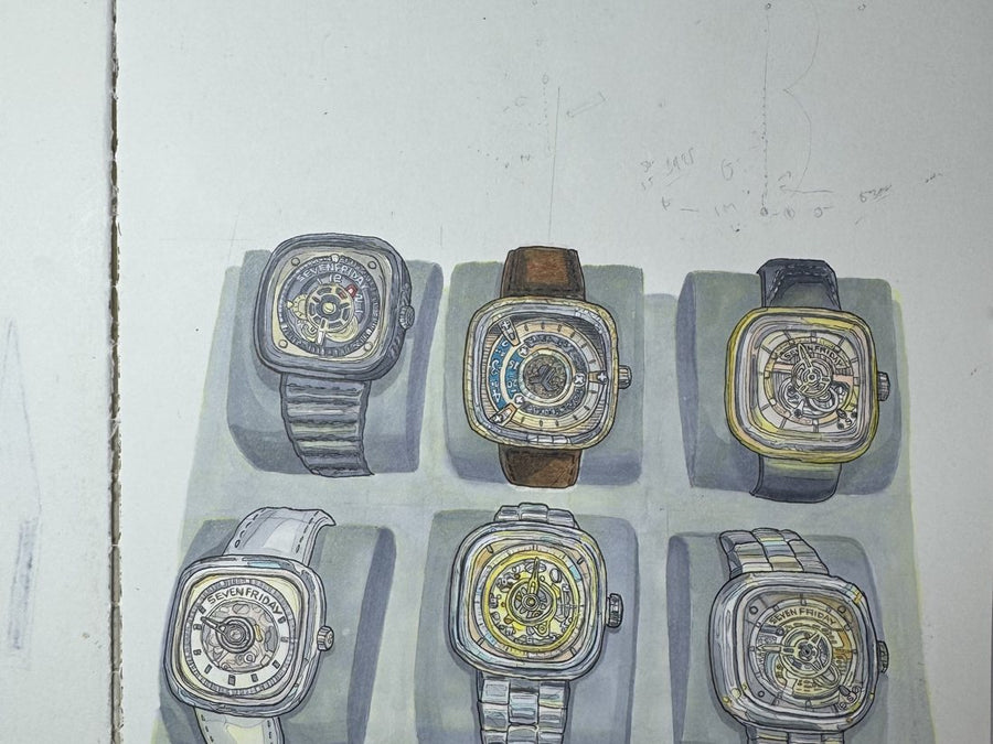Sketchbook page — SevenFriday watch face studies in Copic marker, sketch 2 of 4