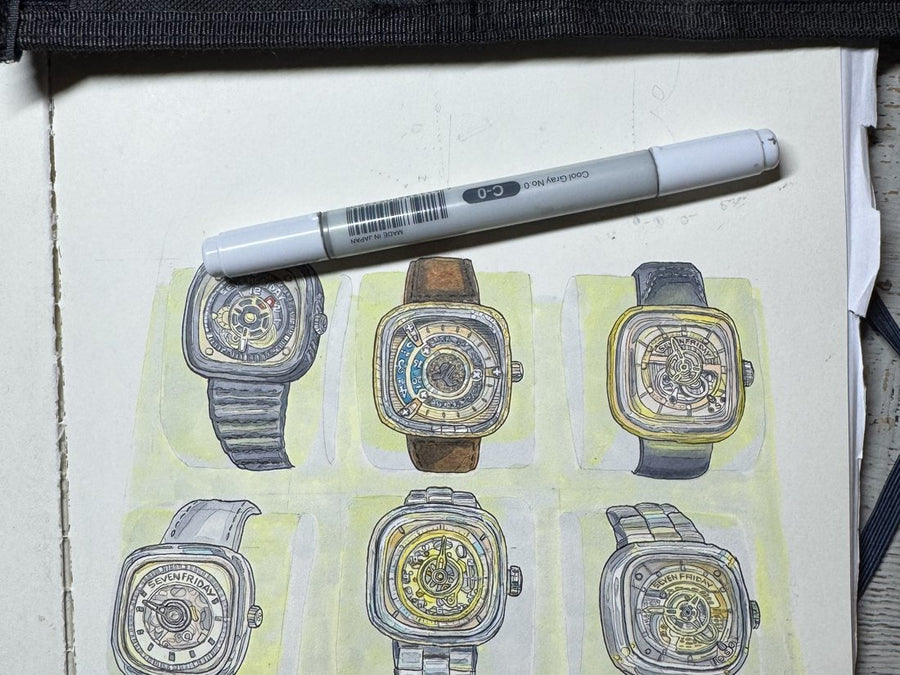 Sketchbook page — SevenFriday watch face studies in Copic marker, sketch 3 of 4