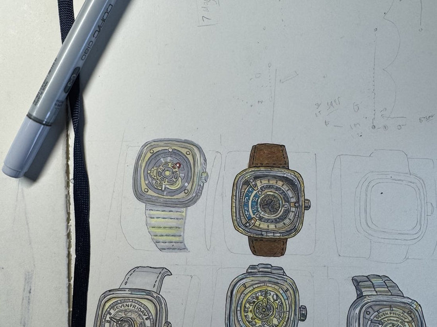 Sketchbook page — SevenFriday watch face studies in Copic marker, sketch 4 of 4