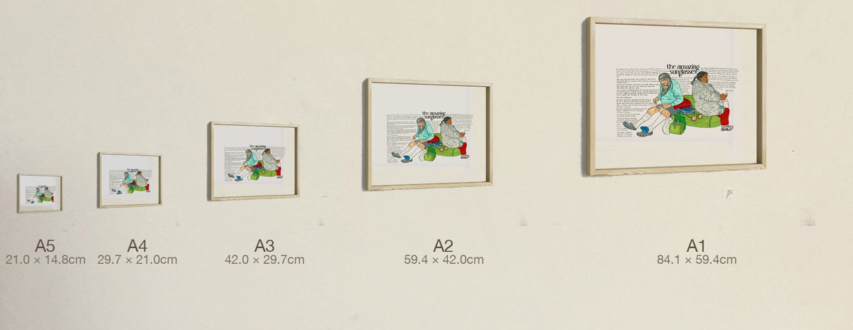 The Amazing Sunglasses, all five sizes, true relative scale