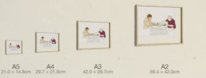 The Chef's Wager, all four sizes, true relative scale