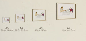 The Chef's Wager, all four sizes, true relative scale