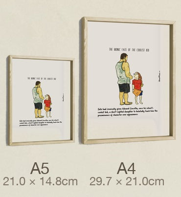 The Ironic Fate of the Coolest Kid, both sizes, true relative scale