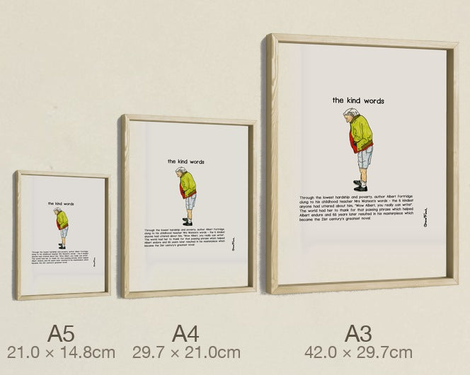 The Kind Words, all three sizes, true relative scale